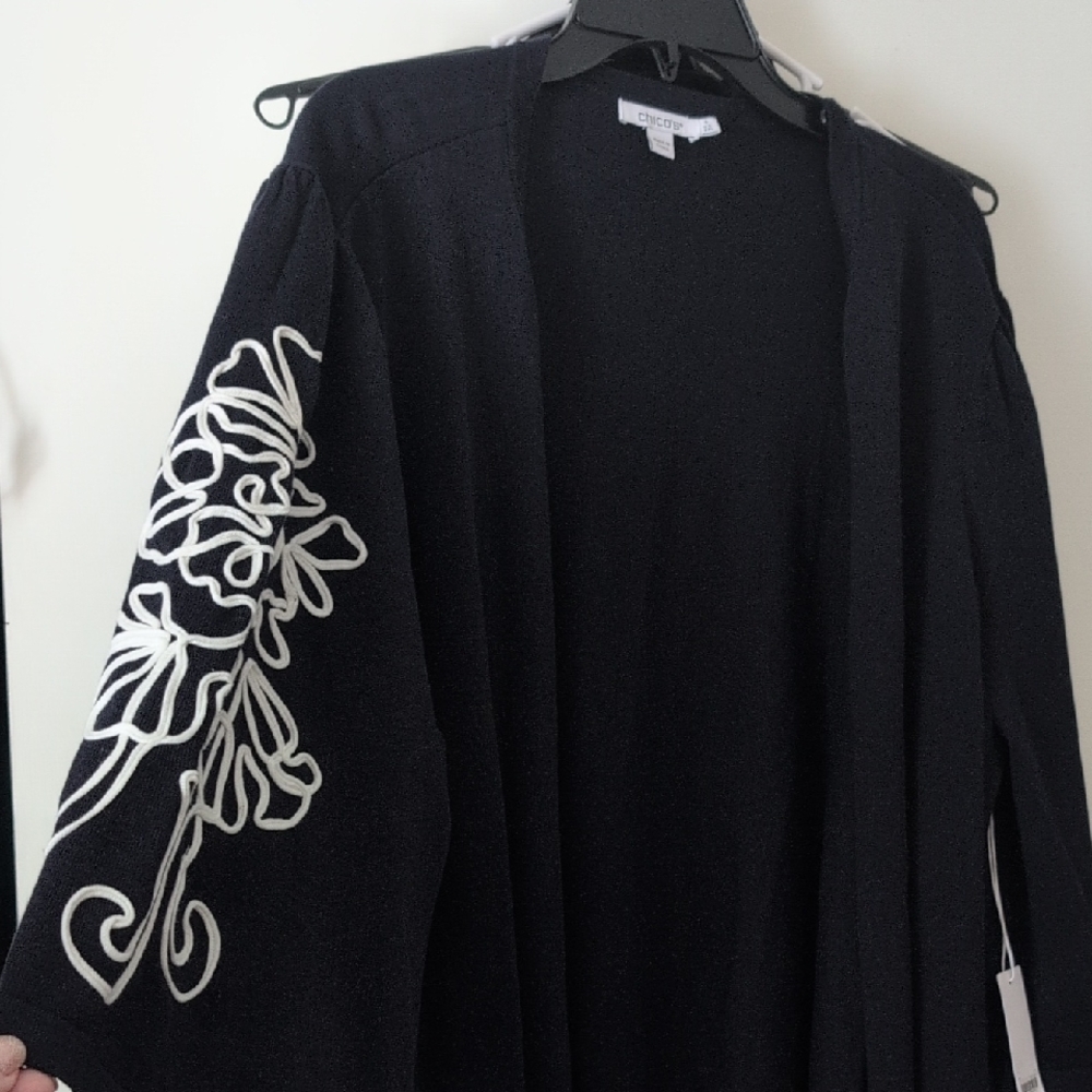 Chico's Black Cardigan with White Floral Sleeve